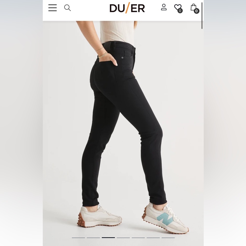 DUER high waist performance black skinny travel climb jeans